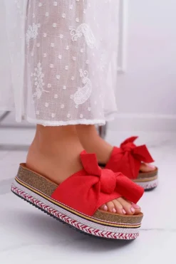 Klapki Damskie Na Platformie Z Kokardą Czerwone Chantal