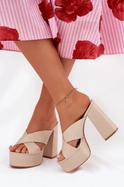 Klapki Damskie Na Platformie I Słupku Beżowe Lenobos