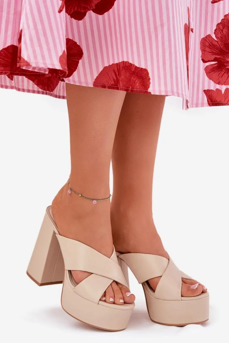 Klapki Damskie Na Platformie I Słupku Beżowe Lenobos