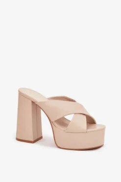 Klapki Damskie Na Platformie I Słupku Beżowe Lenobos