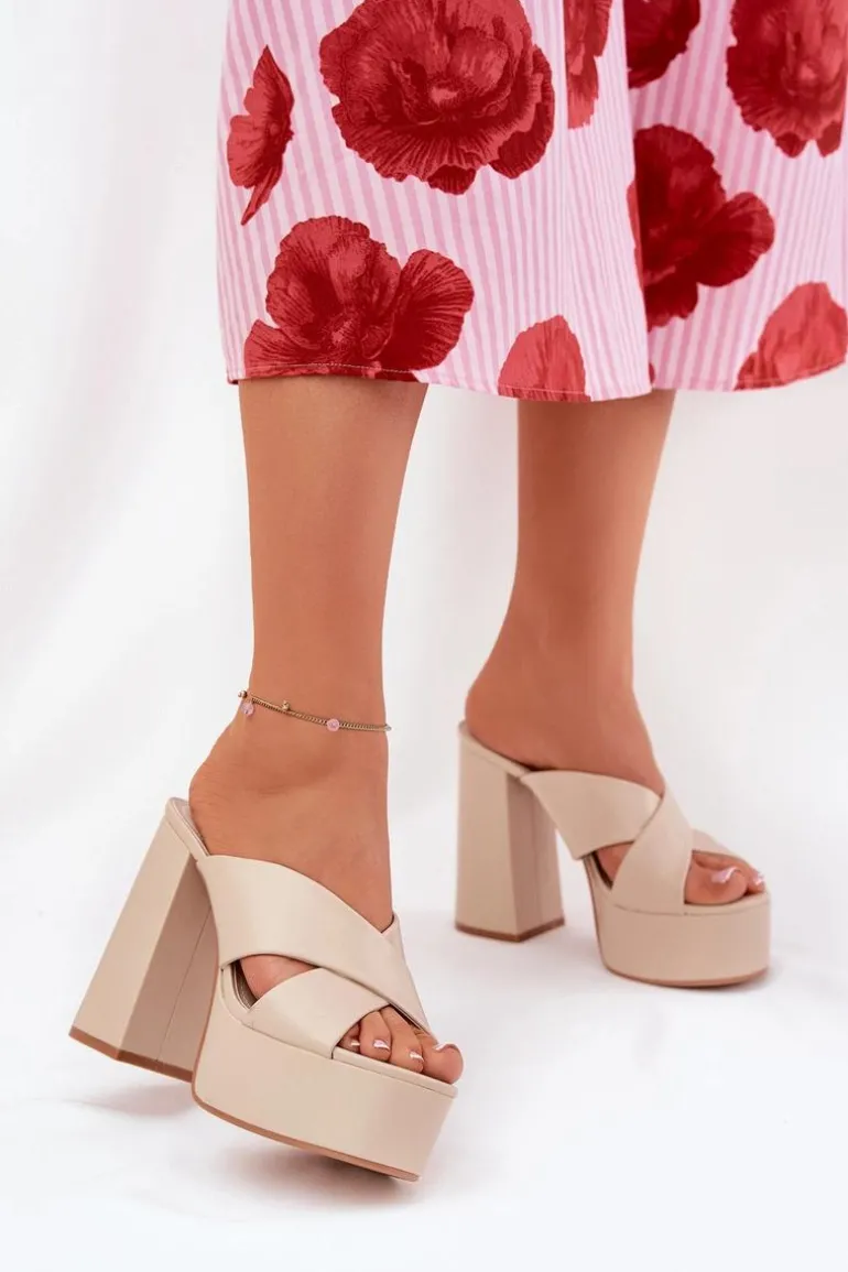 Klapki Damskie Na Platformie I Słupku Beżowe Lenobos