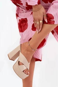 Klapki Damskie Na Platformie I Słupku Beżowe Lenobos