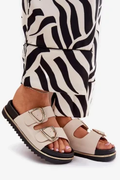 Klapki Damskie Na Platformie Ze Złotymi Klamrami Beżowe Tersele