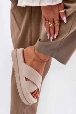 Klapki Damskie Na Platformie Z Przeplatającymi Się Paskami Beżowe Rinasara