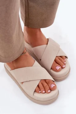 Klapki Damskie Na Platformie Z Przeplatającymi Się Paskami Beżowe Rinasara