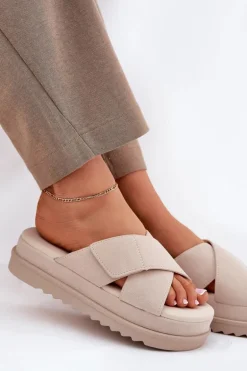 Klapki Damskie Na Platformie Z Przeplatającymi Się Paskami Beżowe Rinasara