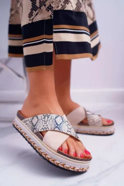 Klapki Damskie Na Platformie Beż Snake Greta