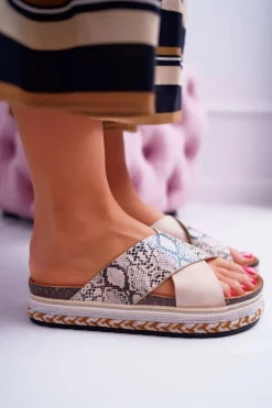 Klapki Damskie Na Platformie Beż Snake Greta