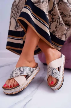 Klapki Damskie Na Platformie Beż Snake Greta