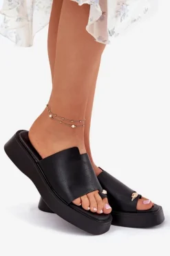Klapki Damskie Na Platformie Z Ozdobnym Detalem Czarne Linosea