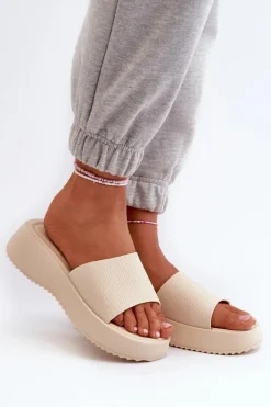 Klapki Damskie Na Platformie I Koturnie Jasnobeżowe Vimarils