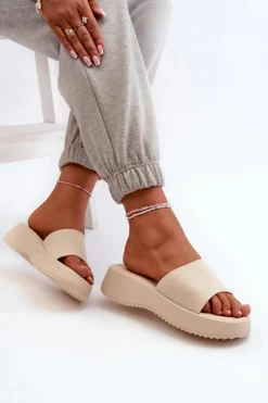 Klapki Damskie Na Platformie I Koturnie Jasnobeżowe Vimarils