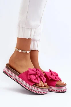 Klapki Damskie Na Platformie Z Kokardą Fuksja Evatria