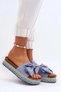 Klapki Damskie Na Platformie Z Kokardą Niebieskie Evatria