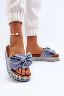 Klapki Damskie Na Platformie Z Kokardą Niebieskie Evatria