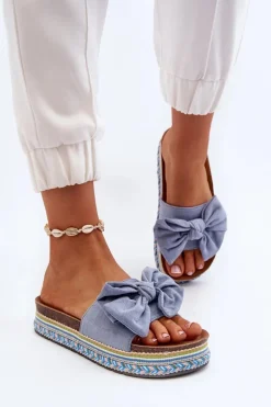 Klapki Damskie Na Platformie Z Kokardą Niebieskie Evatria