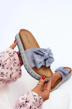 Klapki Damskie Na Platformie Z Kokardą Niebieskie Evatria