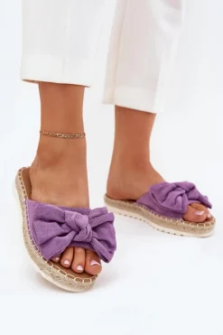 Klapki Damskie Na Platformie Z Plecionką I Kokardką Fioletowe Alpireda