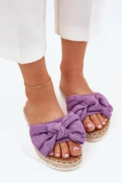 Klapki Damskie Na Platformie Z Plecionką I Kokardką Fioletowe Alpireda