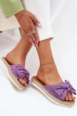 Klapki Damskie Na Platformie Z Plecionką I Kokardką Fioletowe Alpireda