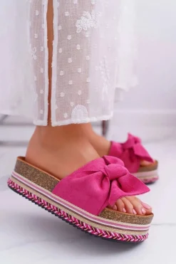 Klapki Damskie Na Platformie Z Kokardą Fuksja Chantal