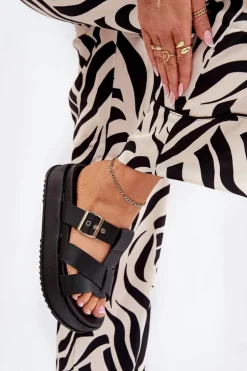 Klapki Damskie Na Platformie Z Paskami I Klamrą Czarne Elimessa