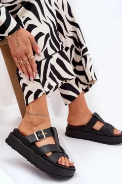 Klapki Damskie Na Platformie Z Paskami I Klamrą Czarne Elimessa