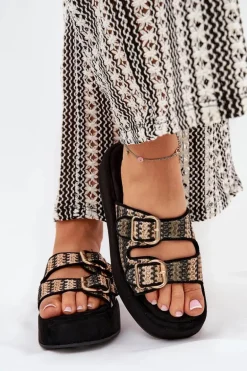 Klapki Damskie Na Platformie Z Klamrami I Plecionką Czarne Limme