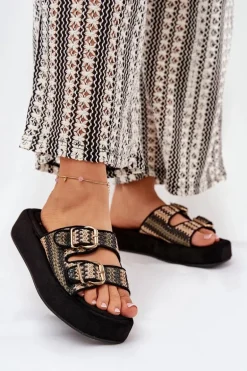 Klapki Damskie Na Platformie Z Klamrami I Plecionką Czarne Limme