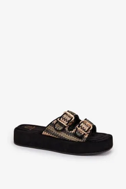 Klapki Damskie Na Platformie Z Klamrami I Plecionką Czarne Limme