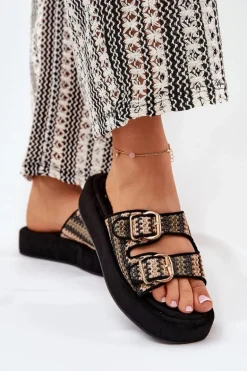 Klapki Damskie Na Platformie Z Klamrami I Plecionką Czarne Limme