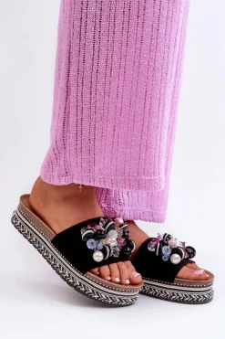 Klapki Damskie Na Platformie Z Ozdobami S.Barski HY077 Czarne