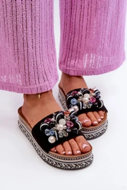 Klapki Damskie Na Platformie Z Ozdobami S.Barski HY077 Czarne