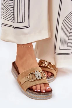 Klapki Damskie Na Platformie Z Brokatem I Złotą Ozdobą Camel Rilirea