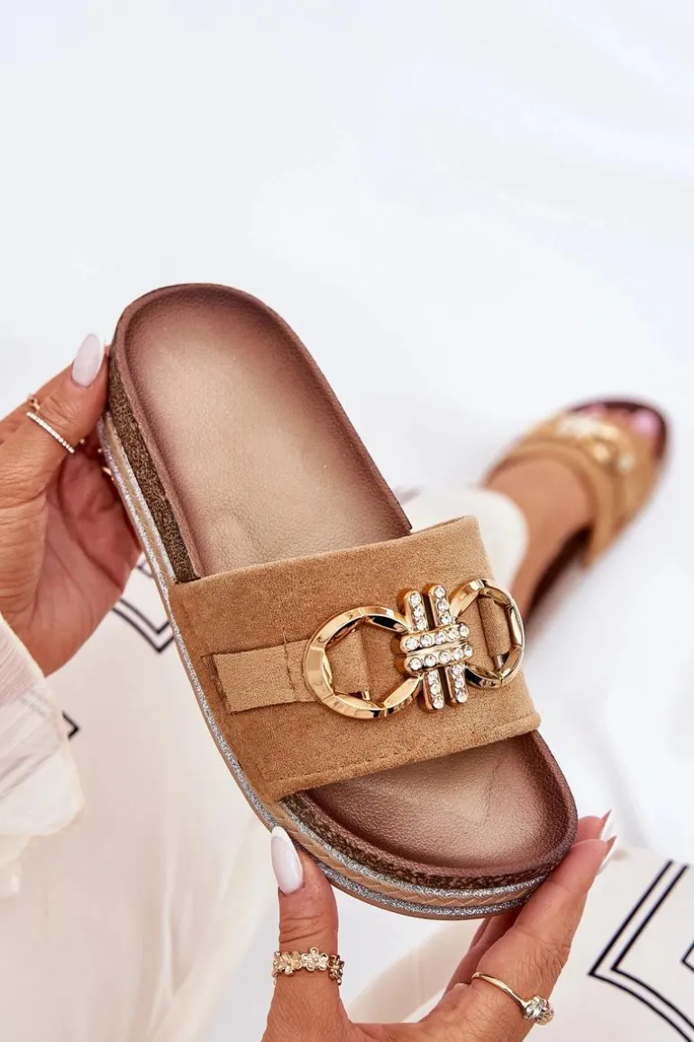 Klapki Damskie Na Platformie Z Brokatem I Złotą Ozdobą Camel Rilirea