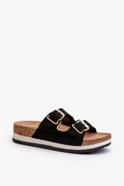 Klapki Damskie Na Platformie Z Klamrami Eko Zamszowe Czarne Ursila