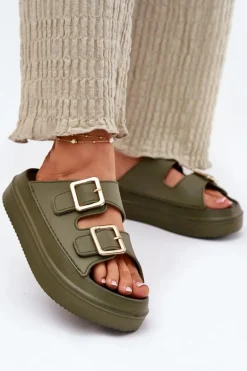 Klapki Damskie Na Platformie Ze Złotymi Klamrami Zielone Zorila