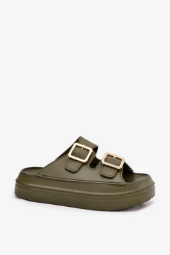 Klapki Damskie Na Platformie Ze Złotymi Klamrami Zielone Zorila