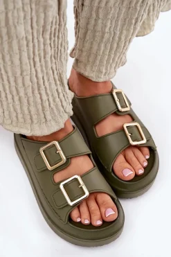 Klapki Damskie Na Platformie Ze Złotymi Klamrami Zielone Zorila