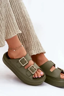 Klapki Damskie Na Platformie Ze Złotymi Klamrami Zielone Zorila