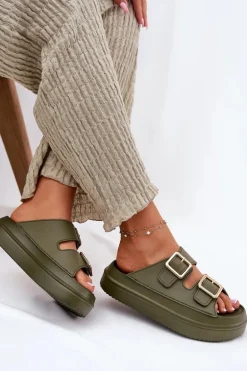 Klapki Damskie Na Platformie Ze Złotymi Klamrami Zielone Zorila