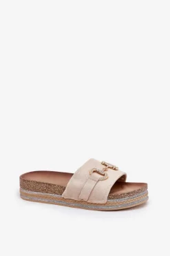 Klapki Damskie Na Platformie Ze Złotą Ozdobą I Brokatem Beżowe Morisela