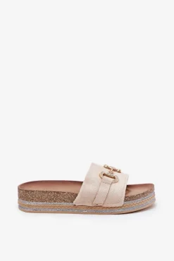 Klapki Damskie Na Platformie Ze Złotą Ozdobą I Brokatem Beżowe Morisela