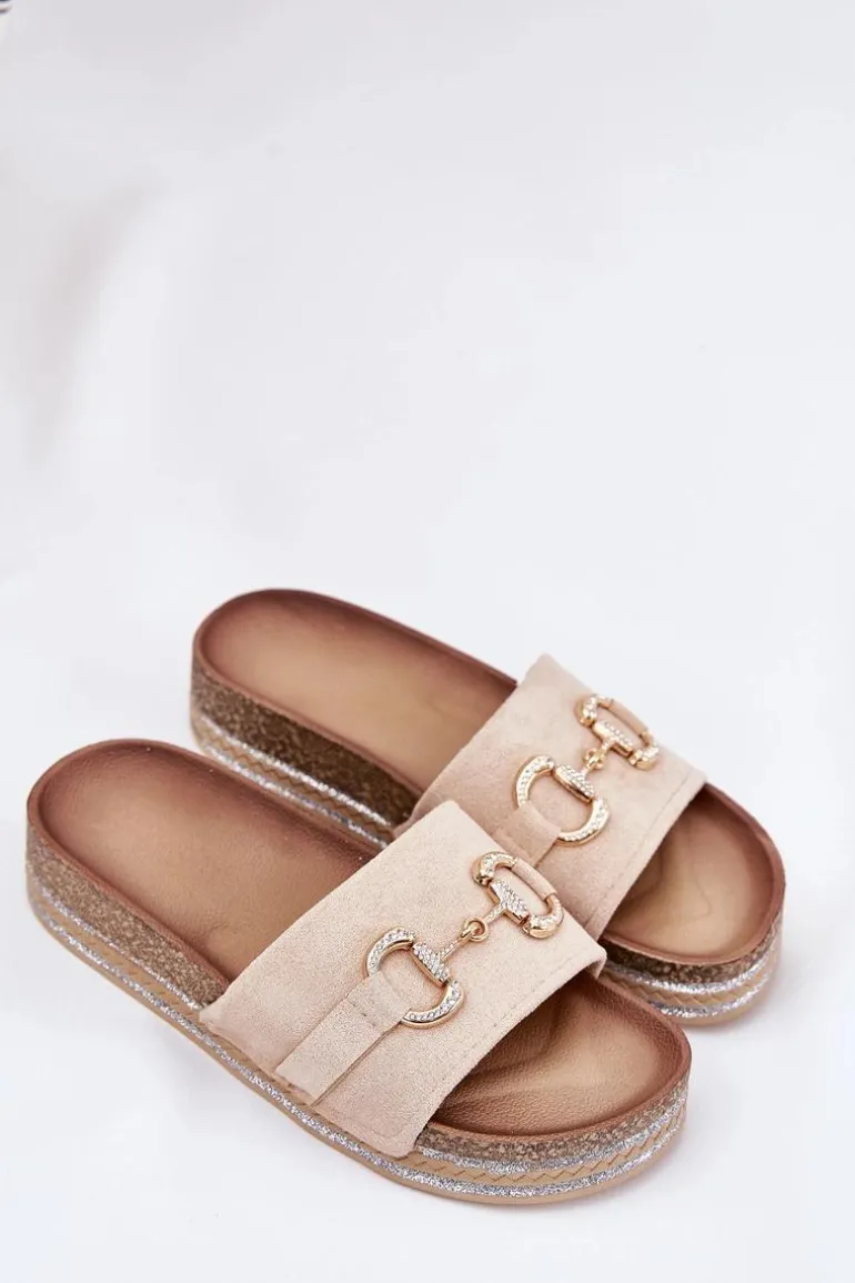 Klapki Damskie Na Platformie Ze Złotą Ozdobą I Brokatem Beżowe Morisela