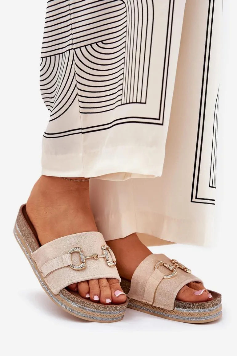 Klapki Damskie Na Platformie Ze Złotą Ozdobą I Brokatem Beżowe Morisela