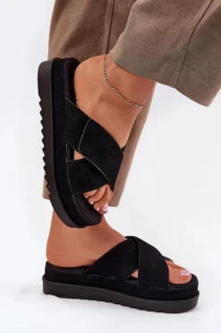 Klapki Damskie Na Platformie Z Przeplatającymi Się Paskami Czarne Rinasara