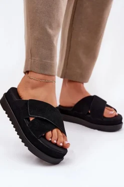 Klapki Damskie Na Platformie Z Przeplatającymi Się Paskami Czarne Rinasara