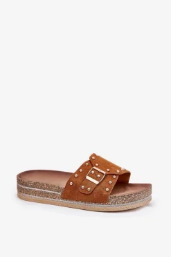 Klapki Damskie Na Platformie Z Klamrą I Ćwiekami Camel Nusithia