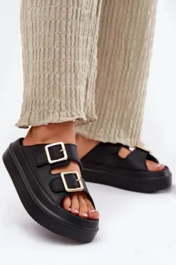 Klapki Damskie Na Platformie Ze Złotymi Klamrami Czarne Zorila