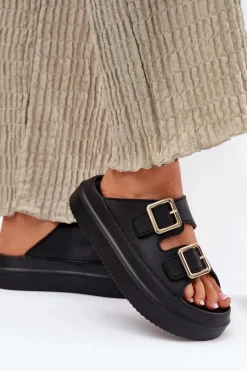Klapki Damskie Na Platformie Ze Złotymi Klamrami Czarne Zorila